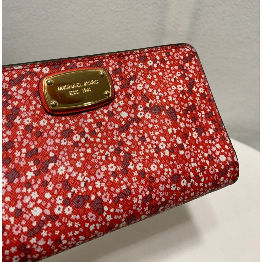 SOLD***Michael Kors Floral Snap Bifold Wallet Wristlet Red Gold - Picture 1 of 12